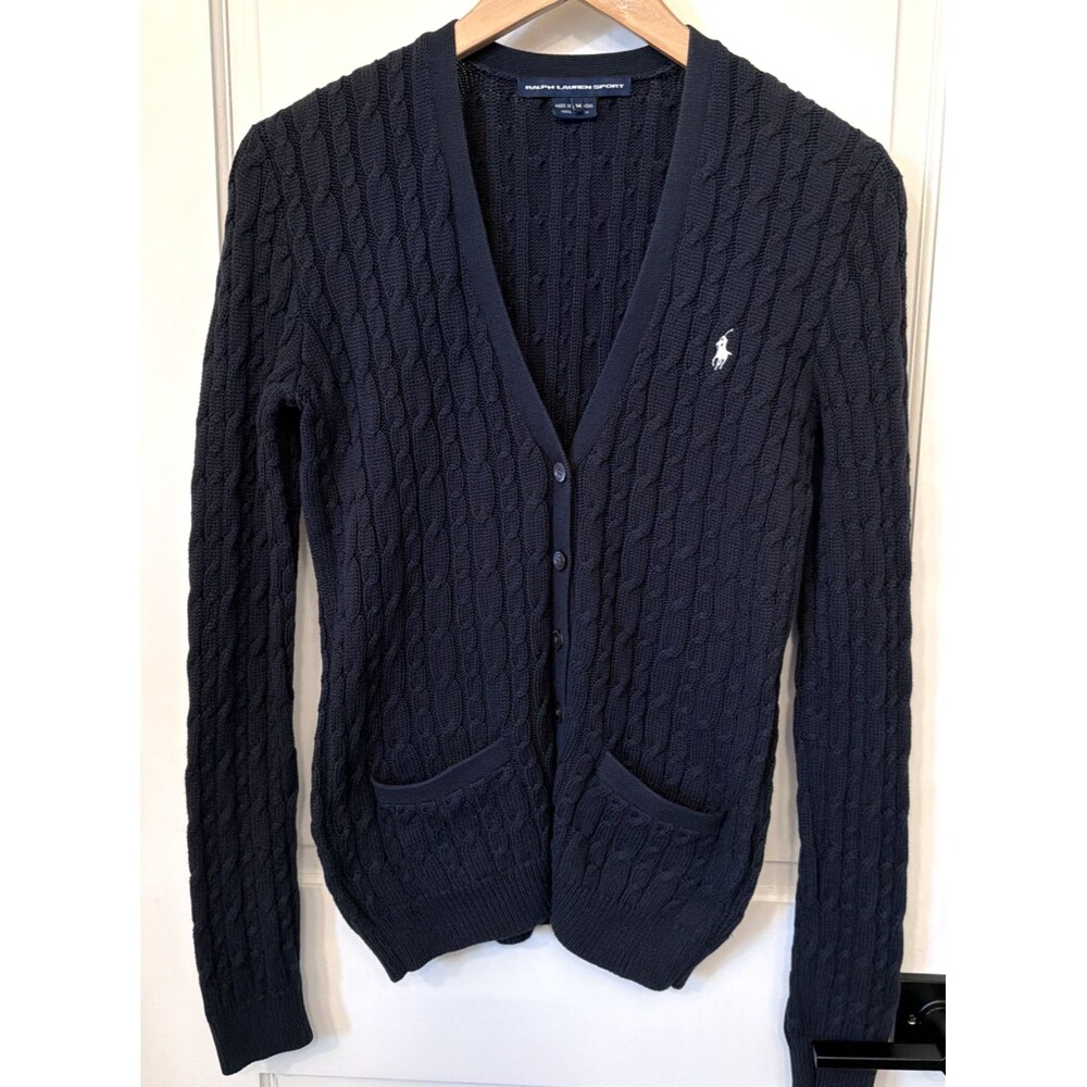 Vtg 90s Womens Ralph Lauren Sport V Neck Cardigan M Cable Knit Navy Blue Preppy